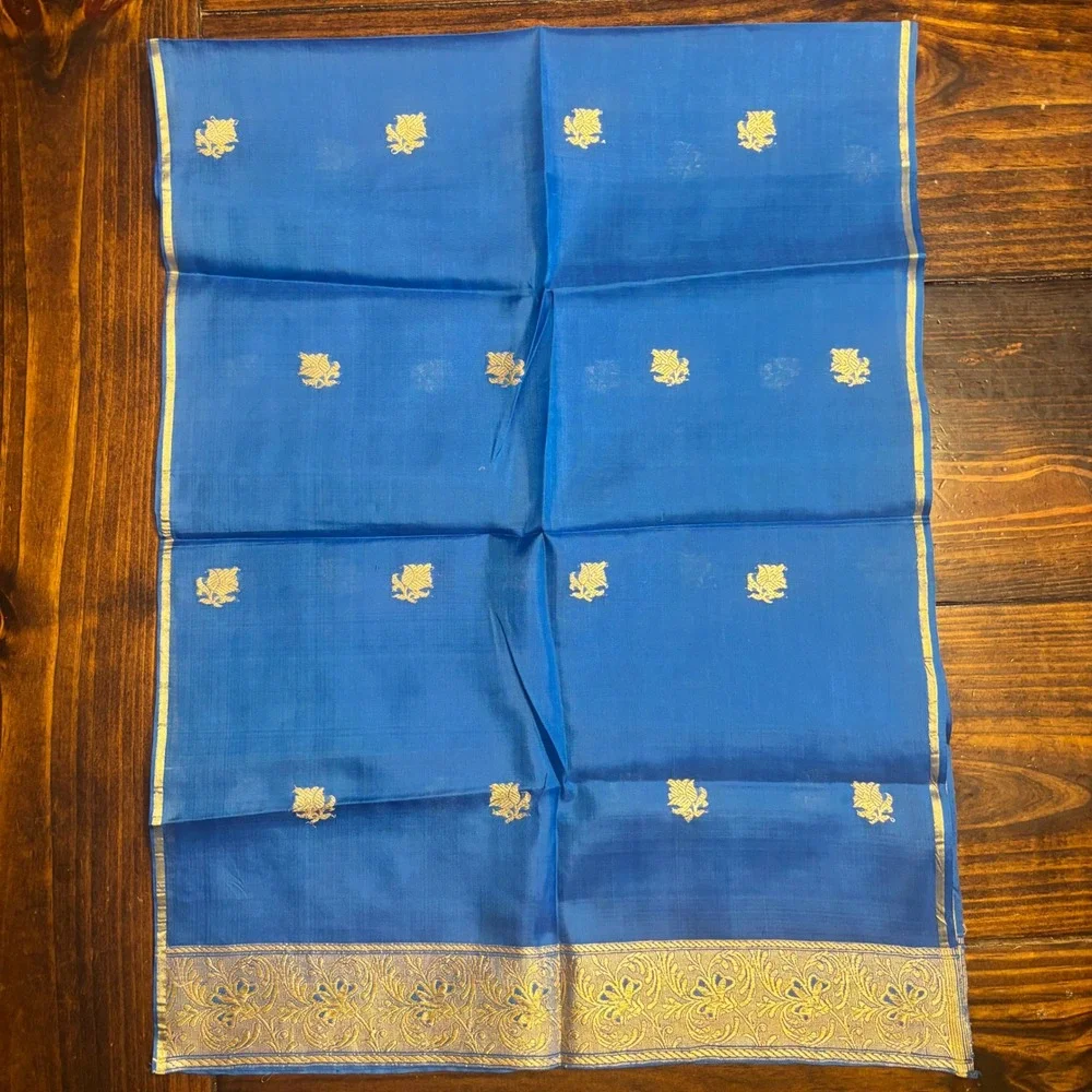 Blue Silk‎ Gold Zari Floral Dupatta Scarf Indian Ethnic Wedding Scarf 46x17